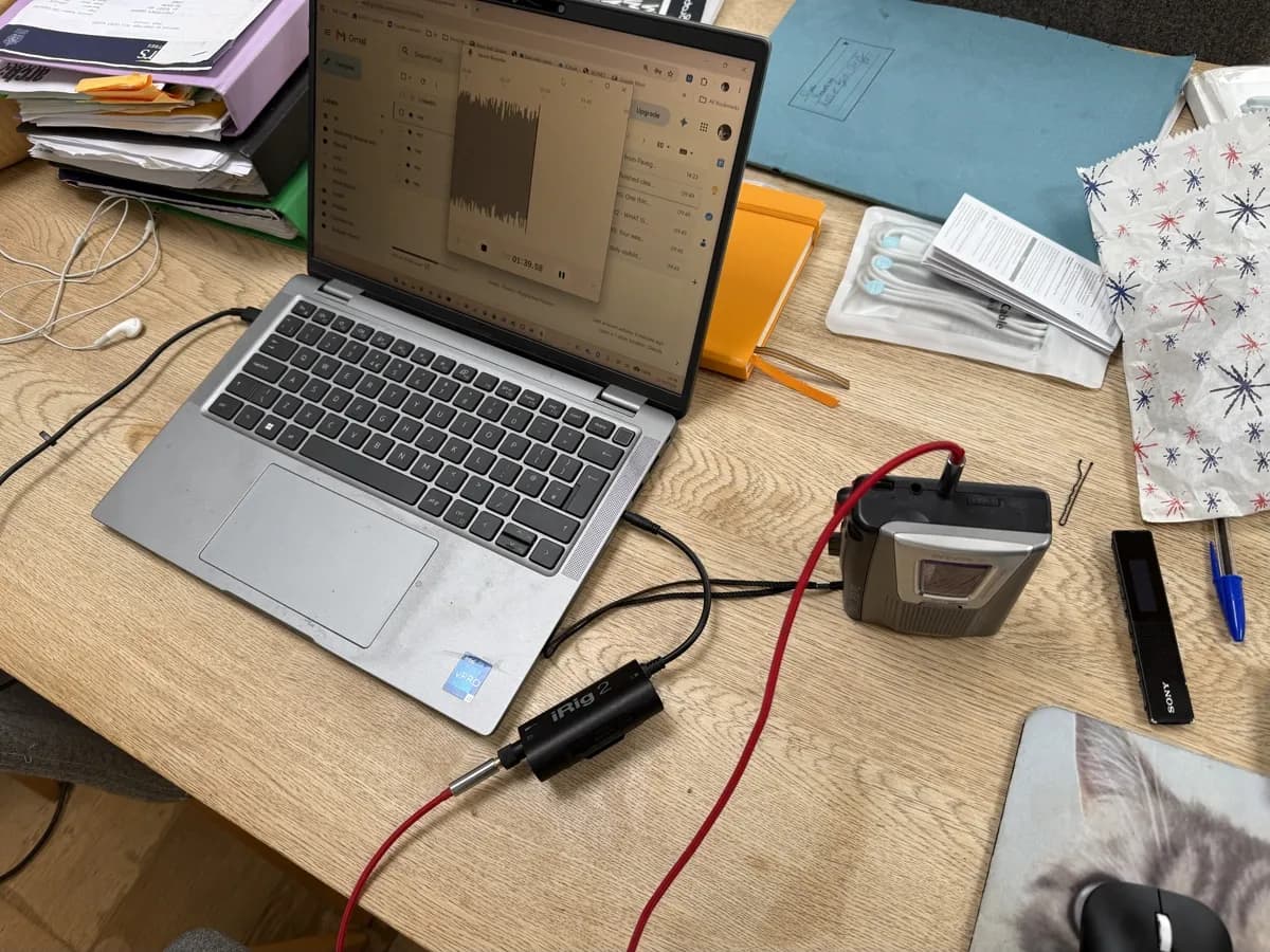 My recording setup: laptop, iRig 2 audio interface, and a Sony cassette player