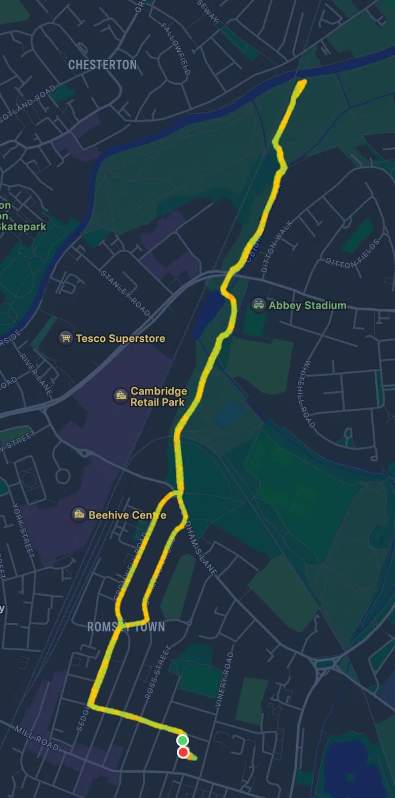 My usual out-and-back route, Romsey Town to Chesterton along the Cam towpath