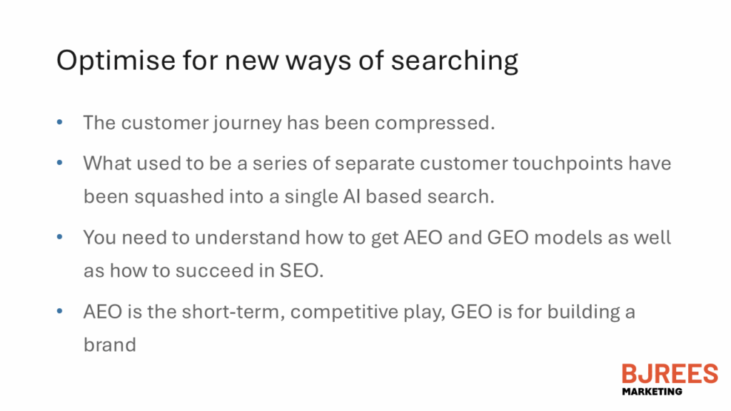 Separate touchpoints are compressed into a single AI-based search; AEO is the short-term play, GEO builds the brand.