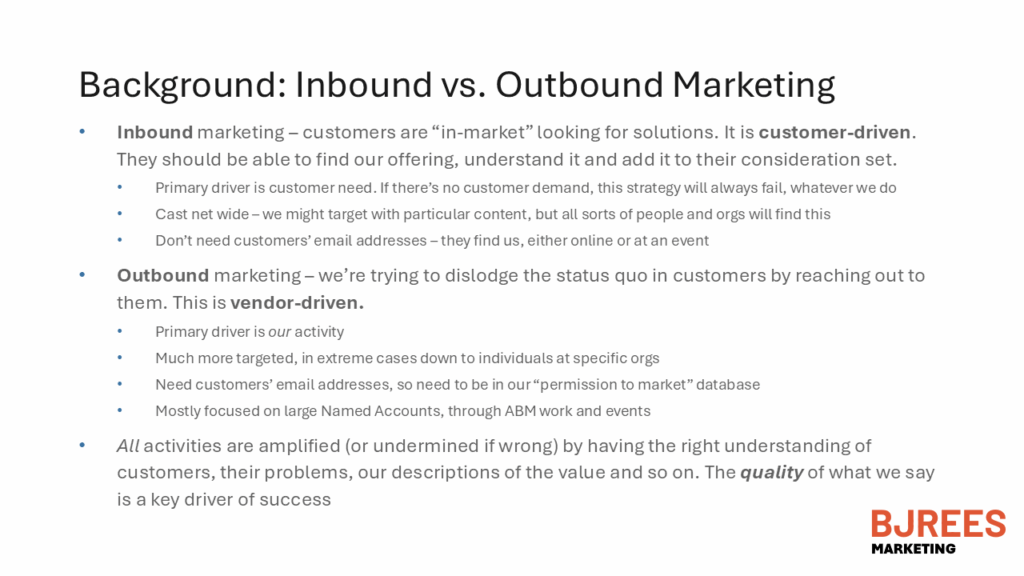 Inbound is customer-driven; Outbound is vendor-driven; quality of message amplifies everything.